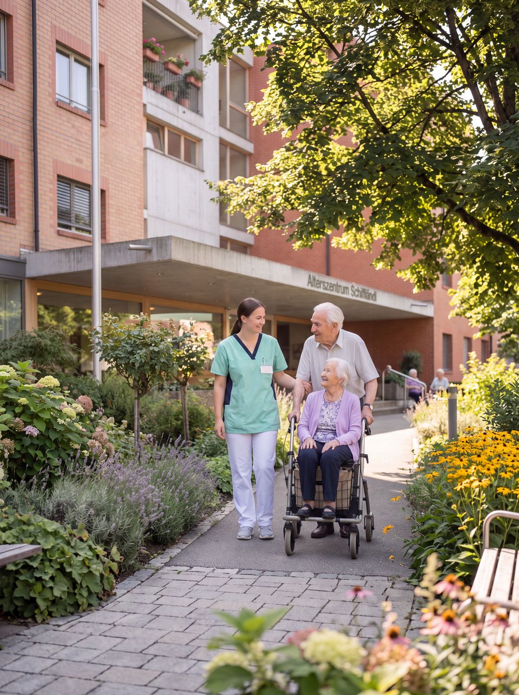 Junge Pflegende begleitet eine Bewohnerin im Rollstuhl durch den Garten