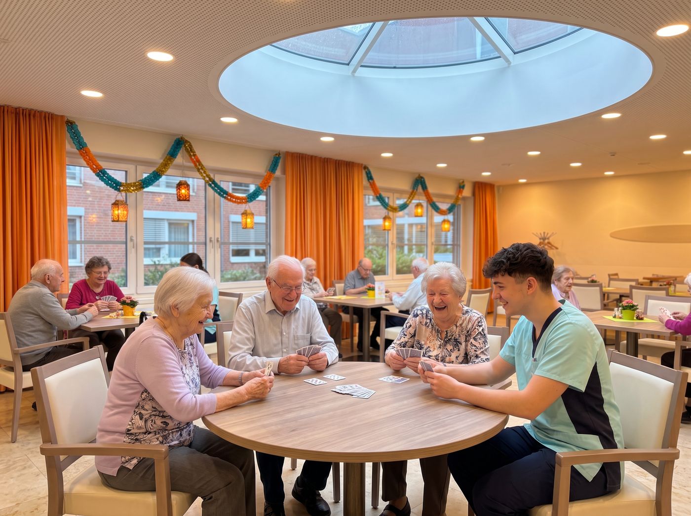 Lernender spielt mit Bewohnenden Karten