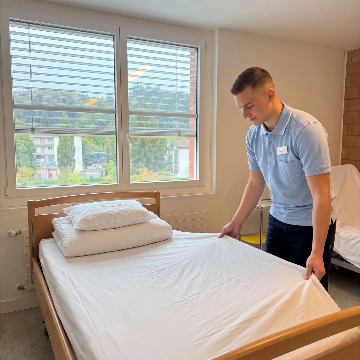 Junger Mann bezieht ein Bett frisch