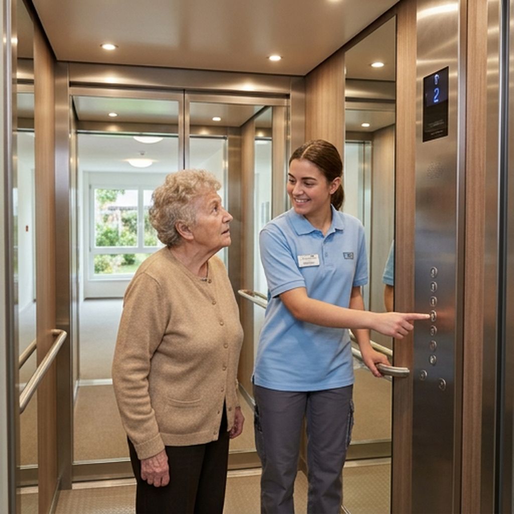Junge Mitarbeiterin hilft einer Bewohnerin im Lift, den richtigen Stock zu finden