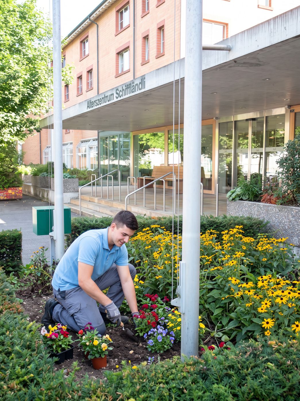 Junger Mann pflegt das Blumenbeet beim Eingang des Alterszentrums